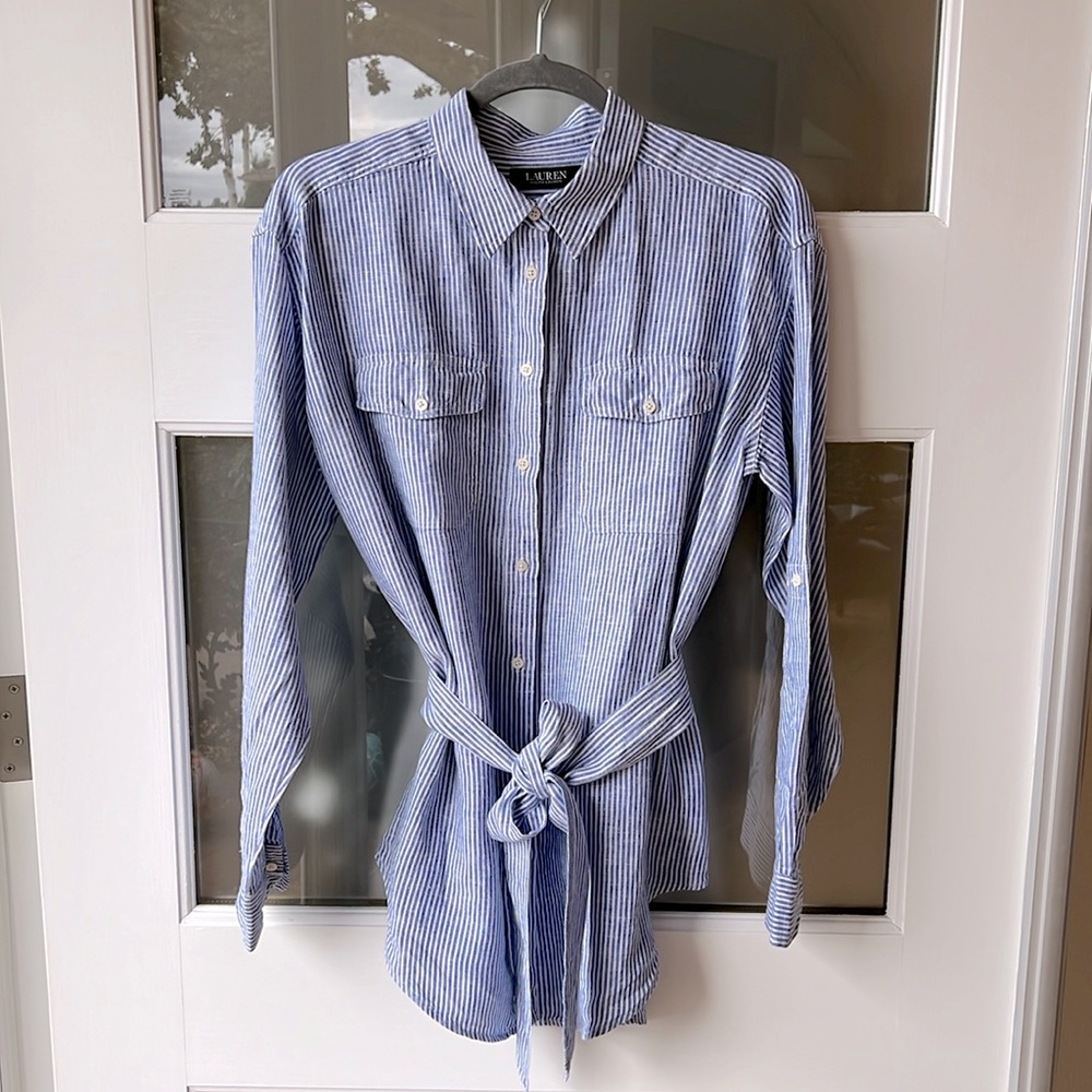 Lauren Ralph Lauren Linen Button Down Tie Waist Shirt